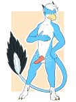  2018 anthro avian balls beak blue_fur bran-draws-things claws erection feathers fur gryphon hair looking_at_viewer male nipples nude penis simple_background smile solo standing talons toe_claws white_fur 
