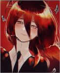  androgynous blush commentary_request flower gem_uniform_(houseki_no_kuni) hair_flower hair_ornament houseki_no_kuni looking_at_viewer mercury necktie neyo_(1864_yynn) red_background red_eyes red_hair shinsha_(houseki_no_kuni) short_hair solo sparkle upper_body 