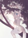  2018 anthro blue_eyes blush breasts butt electrycpynk female fur hair light_theme nipples open_mouth outside side_boob side_view sitting solo tree white_fur white_hair 