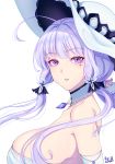  absurdres ahoge artist_name azur_lane band-width breasts dress elbow_gloves eyebrows_visible_through_hair eyeliner facepaint floating_hair gloves hair_ribbon hat highres illustrious_(azur_lane) large_breasts lavender_hair long_hair looking_at_viewer looking_to_the_side low_ponytail makeup parted_lips ponytail purple_eyes ribbon simple_background solo strapless strapless_dress sun_hat tri_tails white_background white_dress white_gloves white_hat 