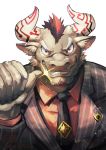 bovine bust_(disambiguation) clothing grin gyumao hair horn itohiro0305 lapel male mammal necktie red_hair smile sparkle suit tokyo_afterschool_summoners 