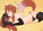 2018 animal_humanoid animal_tail armwear balls_in_panties blush bulge canine clothing crossgender dross elbow_gloves erect_nipples girly gloves grin hair holding_object horo humanoid leggings legwear looking_at_viewer lying male mammal navel nipples panties pawtsun penis penis_base simple_background smile solo spice_and_wolf underwear white_background wolf_humanoid wolf_tail 