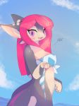  2018 4_fingers anthro bandeau bikini blush bottomless breasts butt butt_pose clothed clothing dragon electrycpynk electrycpynk_(character) female hair hi_res holding_object long_hair looking_at_viewer nipple_bulge open_mouth outside pink_hair purple_eyes side_view signature simple_background sky solo standing swimsuit water 