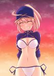  arms_behind_back artoria_pendragon_(all) baseball_cap bikini blue_sky breasts cleavage closed_eyes cowboy_shot cropped_jacket cross_(crossryou) eyebrows_visible_through_hair facing_viewer fate/grand_order fate_(series) hair_through_headwear hat medium_breasts mysterious_heroine_xx_(foreigner) navel shrug_(clothing) side-tie_bikini sky smile solo sunset swimsuit white_bikini 