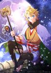  black_legwear blonde_hair blue_eyes full_moon japanese_clothes kagamine_len koinobori looking_at_viewer male_focus moon mou_(mooooow) night night_sky official_art petals rooftop sitting sky solo thighhighs torn_clothes torn_legwear vocaloid wide_sleeves 