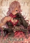  bare_shoulders black_gloves blue_eyes breasts character_name chin_rest cinderella_(sinoalice) commentary_request copyright_name couch dress finger_on_trigger frilled_dress frills glint gloves gun hair_over_one_eye hand_up handgun holding holding_gun holding_weapon hoshizaki_reita long_hair looking_at_viewer medium_breasts red_dress revolver sinoalice sitting smile solo upper_body weapon 