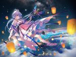  bangs breasts dress earth full_body green_eyes hair_between_eyes hair_ornament hair_ribbon hair_rings holding kneehighs lantern long_hair looking_at_viewer low_twintails luo_tianyi microphone_stand midair paper_lantern revision ribbon shoes silver_hair sky small_breasts solo space sparkle star_(sky) starry_sky tidsean twintails vocaloid vocanese white_legwear 