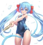  between_legs blue_eyes blue_hair blue_swimsuit borrowed_character breasts cameltoe hair_ribbon hose long_hair looking_at_viewer one-piece_swimsuit open_mouth original red_ribbon ribbon school_swimsuit simple_background small_breasts solo swimsuit tougetsu_gou twintails water white_background 