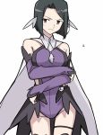  arm_under_breasts bad_id bad_twitter_id bare_shoulders black_eyes black_hair black_legwear black_skirt bob_cut breast_hold breasts cape closed_mouth cosplay cowboy_shot detached_sleeves fate/kaleid_liner_prisma_illya fate/zero fate_(series) feathers flying_sweatdrops frown groin hair_ornament highres hisau_maiya holding_arm leotard long_sleeves looking_at_viewer magical_girl medium_breasts miyu_edelfelt miyu_edelfelt_(cosplay) purple_leotard scowl short_hair showgirl_skirt simple_background skirt sleeves_past_wrists solo standing straight_hair sweatdrop thick_outlines thigh_strap thighhighs thighs turtleneck white_background white_cape x_hair_ornament yuuma_(u-ma) 