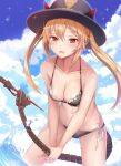  1girl bangs bikini blue_sky blush breasts cleavage cloud collarbone cowboy_shot demon_horns fangs frilled_bikini_top girls_frontline half-closed_eyes hat heifetz holding_tail horns leaning_forward light_particles mechanical_tail medium_breasts open_mouth outdoors partially_submerged remington_870_(girls_frontline) shiny shiny_skin side-tie_bikini sidelocks sky solo sparkle splashing swimsuit tail thighs twintails 