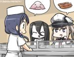  alternate_costume battleship_hime black_hair blobfish blonde_hair blue_eyes blue_hair cafeteria chef_hat commentary_request dated flat_top_chef_hat food gloves graf_zeppelin_(kantai_collection) green_eyes hair_between_eyes hamu_koutarou hat kantai_collection long_hair low_twintails multiple_girls oni_horns peaked_cap sausage shinkaisei-kan sidelocks spoken_food suzukaze_(kantai_collection) sweat twintails 