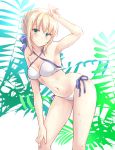  ahoge artoria_pendragon_(all) artoria_pendragon_(swimsuit_archer) bare_arms bare_shoulders bikini blonde_hair braid breasts collarbone commentary_request cowboy_shot criss-cross_halter fate/grand_order fate_(series) green_eyes halterneck leaning_forward looking_at_viewer medium_breasts ribbon sidelocks smile solo stomach swimsuit thighs u0709 white_bikini 