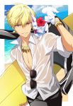  black_pants blonde_hair blue_sky bracelet cloud cloudy_sky collared_shirt commentary_request creature day earrings eyewear_hang eyewear_removed fate/grand_order fate_(series) flower fou_(fate/grand_order) gilgamesh hair_between_eyes hand_up highres holding jewelry lock lock_earrings looking_at_viewer male_focus natsuko_(bluecandy) pants popped_collar red_eyes red_flower shirt short_sleeves sky smile solo sunglasses surfboard unbuttoned unbuttoned_shirt wet wet_clothes wet_shirt white_shirt 