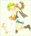  :d baseball_cap bel_(pokemon) black_footwear black_jacket blonde_hair blush breasts brown_hair canari closed_eyes commentary_request denim denim_shorts dress green_hat hand_up hat hug jacket long_hair medium_hair multiple_girls open_mouth poke_ball_symbol pokemon pokemon_(game) pokemon_bw shirt short_shorts shorts simple_background sleeveless_jacket smile touko_(pokemon) white_dress white_shirt wristband yellow_footwear 