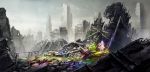  building city cityscape cloud cloudy_sky colorful commentary dress grass highres long_hair monochrome multicolored_hair original partially_colored post-apocalypse railing rapt_(47256) ruins scenery sky skyscraper smile solo 