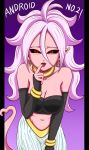  android_21 bare_shoulders black_sclera black_sleeves black_tubetop bracelet breasts character_name detached_sleeves dragon_ball dragon_ball_fighterz earrings finger_to_tongue hair_between_eyes harem_pants heart heart_tail hoop_earrings jewelry koyukiyasu large_breasts long_hair looking_at_viewer majin_android_21 midriff navel pants pillarboxed pink_skin pointy_ears purple_hair red_eyes solo strapless tail tongue tongue_out tubetop white_pants 