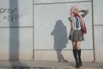  black_footwear black_legwear blazer brown_jacket cosplay darling_in_the_franxx graffiti jacket looking_away may_sakaali outdoors photo pink_hair plaid plaid_skirt pleated_skirt red_scarf scarf short_hair sidewalk skirt socks solo striped striped_neckwear wall zero_two_(darling_in_the_franxx) zero_two_(darling_in_the_franxx)_(cosplay) 