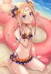  :o abigail_williams_(fate/grand_order) absurdres arm_support bandaid bandaid_on_ass bandaid_on_forehead bandaid_on_knee bare_legs bare_shoulders barefoot beach bikini black_bikini black_bow blonde_hair blue_eyes blurry blurry_background blush bow collarbone commentary_request day depth_of_field double_bun emerald_float fate/grand_order fate_(series) food food_on_face fork hair_bow highres holding holding_fork innertube long_hair navel orange_bow orange_scrunchie outdoors parted_lips polka_dot polka_dot_bow samoore sand scrunchie side_bun sidelocks sitting solo swimsuit wariza water wrist_scrunchie 