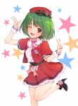  blush breasts eyebrows_visible_through_hair green_hair hat high_heels large_breasts looking_at_viewer macross macross_frontier noranghan one_eye_closed open_mouth ranka_lee red_eyes red_hat red_skirt short_hair short_sleeves skirt smile solo star white_background 