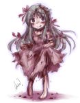  aosora_(mizore) barefoot blood blood_on_face bloody_clothes bow dress green_hair long_hair original pink_bow pink_dress pink_eyes smile solo torn_clothes torn_dress 