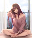  alternate_costume bare_legs bare_shoulders barefoot bed blurry breasts casual commentary_request contemporary depth_of_field dress fate/grand_order fate_(series) full_body indian_style indoors large_breasts long_hair looking_at_viewer on_bed open_window pink_eyes purple_hair red_eyes scathach_(fate)_(all) scathach_(fate/grand_order) shoukaki_(earthean) sitting smile solo sweater sweater_dress thighs window 