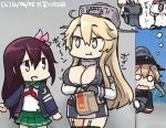  bismarck_(kantai_collection) blonde_hair breasts brown_hair cleavage commentary_request dated eating elbow_gloves fingerless_gloves garter_straps gloves graf_zeppelin_(kantai_collection) hair_ornament hamu_koutarou hat headgear iowa_(kantai_collection) iron_cross kantai_collection kisaragi_(kantai_collection) large_breasts long_hair military military_hat military_uniform miniskirt multiple_girls necktie o_o peaked_cap prinz_eugen_(kantai_collection) remodel_(kantai_collection) school_uniform serafuku skirt star star-shaped_pupils symbol-shaped_pupils thighhighs thought_bubble twintails uniform 