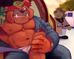  2018 anthro balls beanie black_nose body_hair bulldog canine clothed clothing coveralls detailed_background digital_media_(artwork) dog dribble erection eyebrows fur happy_trail hat humanoid_penis inside_car jowls male mammal masturbation muscular muscular_male navel nipples one_eye_closed orange_fur outside partially_clothed pecs penile_masturbation penis pubes public seductive sitting sky smile solo_focus spectral-bat stubble sunset teeth tree tusks uncut underwear vehicle video_games warioware warm_theme wink 