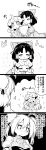 3girls 4koma :&lt; :3 =_= ? ^_^ absurdres ahoge ascot a~_un~ blush bow breasts bun_cover chinese_clothes closed_eyes comic commentary constricted_pupils curly_hair detached_sleeves diffraction_spikes flower frills futa_(nabezoko) greyscale hair_bow hair_tubes hakurei_reimu hands_on_own_cheeks hands_on_own_face heart highres horn hug ibaraki_kasen jitome kariyushi_shirt komano_aun long_hair monochrome multiple_girls no_pupils nontraditional_miko on_head open_mouth pointy_ears puffy_short_sleeves puffy_sleeves short_hair short_sleeves shorts simple_background skirt spoken_ellipsis touhou translated wing_collar 