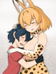  animal_ear_fluff animal_ears bangs black_hair bow bowtie breasts choir_(artist) closed_eyes commentary_request crying elbow_gloves extra_ears eyebrows_visible_through_hair gloves hair_between_eyes high-waist_skirt highres kaban_(kemono_friends) kemono_friends large_breasts multiple_girls orange_hair print_gloves print_neckwear print_skirt red_shirt serval_(kemono_friends) serval_ears serval_print serval_tail shirt sidelocks skirt sleeveless tail tears topless 
