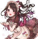  :d apron badge bangs bow bowtie brown_dress brown_hair buttons center_frills checkerboard_cookie cookie curly_hair dress eyebrows_visible_through_hair food frilled_apron frilled_dress frilled_headband frilled_sleeves frills hair_bow hair_intakes hair_ribbon hands_together heart idolmaster idolmaster_cinderella_girls komoe_(hinagatu) leaning_forward long_hair looking_at_viewer one_side_up open_mouth pink_bow pink_neckwear pink_ribbon pocket puffy_short_sleeves puffy_sleeves ribbon shimamura_uzuki short_sleeves sidelocks smile solo standing striped striped_bow striped_neckwear swept_bangs tareme upper_body waist_apron waitress white_background wrist_cuffs wrist_ribbon yellow_eyes 