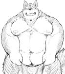  2016 barazoku black_and_white canine clothed clothing dog facing_viewer flaccid humanoid_penis kemono kotobuki loincloth looking_at_viewer male mammal monochrome moobs muscular obese overweight partially_clothed penis simple_background sketch solo tattoo translucent transparent_clothing uncut white_background 