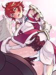  ahoge armor ass blush boris_(noborhys) breasts dress dutch_angle elbow_gloves fire_emblem fire_emblem_heroes fire_emblem_if garter_straps gloves heart heart_background highres hinoka_(fire_emblem_if) japanese_armor masturbation open_mouth pussy_juice red_eyes red_hair red_legwear self_fondle short_hair small_breasts solo sweatdrop thighhighs 