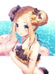  abigail_williams_(fate/grand_order) artist_name bangs bare_arms bare_shoulders bikini black_bikini black_bow blonde_hair blue_eyes blush bow closed_mouth commentary_request day double_bun emerald_float eyebrows_visible_through_hair fate/grand_order fate_(series) forehead fork hair_bow highres holding holding_fork innertube long_hair orange_bow parted_bangs polka_dot polka_dot_bow rosuuri side_bun sidelocks smile solo swimsuit water watermark web_address 