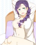  10s 1girl alternate_hairstyle bed blush bottomless braid breasts cleavage eyebrows_visible_through_hair feitonokesin green_eyes indoors large_breasts looking_at_viewer love_live! love_live!_school_idol_project navel no_bra on_bed open_clothes open_mouth open_shirt purple_hair shirt side_ponytail sideboob sitting solo stretch tears toujou_nozomi 