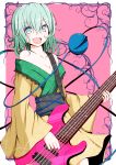  :d adapted_costume aqua_hair bangs bare_shoulders bass_guitar blue_eyes breasts cleavage collarbone eyebrows_visible_through_hair floral_print frills fuoco guitar hair_between_eyes highres holding holding_instrument instrument japanese_clothes kimono komeiji_koishi long_sleeves looking_at_viewer medium_hair music obi off_shoulder open_mouth playing_instrument rose_print sash smile solo third_eye touhou wide_sleeves yellow_kimono 