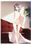  absurdres arm_behind_back ass_visible_through_thighs bangs bare_legs blanket blue_eyes blush border bow braid breasts collarbone couch eyebrows_visible_through_hair feet_out_of_frame green_bow hair_bow highres holding holding_pillow indoors izayoi_sakuya ke-ta looking_at_viewer lowleg maid_headdress navel nipples panties parted_lips pillow plant scan short_hair silver_hair small_breasts solo standing stomach thighs topless touhou translation_request twin_braids underwear underwear_only white_border white_panties 