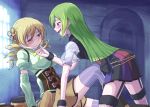  2girls alina_gray arm_warmers blonde_hair blush breasts corset drill_hair eye_contact female fishnet_legwear fishnets garter_straps green_eyes green_hair hair_ornament hand_on_another&#039;s_face indoors large_breasts long_hair looking_at_another magia_record:_mahou_shoujo_madoka_magica_gaiden mahou_shoujo_madoka_magica multicolored multicolored_clothes multicolored_skirt multiple_girls open_mouth see-through skirt sweat thighhighs tomoe_mami twin_drills wristband you_gonna_get_raped yuri 
