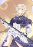  armor armored_dress bangs banner blonde_hair blue_eyes braid capelet chain cigar_cat closed_mouth commentary eyebrows_visible_through_hair fate/apocrypha fate_(series) faulds flag gauntlets hair_between_eyes headpiece highres holding jeanne_d'arc_(fate) jeanne_d'arc_(fate)_(all) long_braid long_hair multicolored multicolored_background panties pantyshot plackart single_braid smile solo staff standing thighhighs underwear very_long_hair 