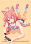  1girl 2018 ahoge animal_ears artist_name blue_eyes blush breasts cat_ears controller dated downblouse eyebrows_visible_through_hair game_controller hair_bobbles hair_ornament hanging_breasts hinata_channel holding legs_up long_hair looking_at_viewer lying myukuni nekomiya_hinata no_bra on_stomach open_mouth orange_background pink_hair shadow shoes simple_background small_breasts smile solo tank_top thighhighs twintails 