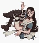  1girl alice:_madness_returns alice_in_wonderland alice_liddell american_mcgee&#039;s_alice apron black_lips boots choker dress lipstick makeup mossa smoking solo striped striped_legwear thighhighs 