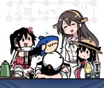  3girls :d admiral_(kantai_collection) anchor_symbol asashio_(kantai_collection) black_hair blush brown_hair commentary_request cup hair_ornament hairclip haruna_(kantai_collection) hat headgear kantai_collection multiple_girls open_mouth peaked_cap remodel_(kantai_collection) sendai_(kantai_collection) sleeping smile solid_oval_eyes straw_hat stuffed_animal stuffed_shark stuffed_toy teacup teapot terrajin zzz 