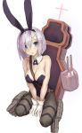  animal_ears between_breasts black_leotard black_ribbon bow bowtie breasts bunny_ears bunny_tail bunnysuit detached_collar full_body gloves goekawa hair_ornament hair_over_one_eye hairclip hamakaze_(kantai_collection) kantai_collection kneeling large_breasts leotard looking_at_viewer machinery neck_ribbon pantyhose ribbon short_hair silver_hair simple_background solo strap_cleavage strapless strapless_leotard tail white_background white_gloves 
