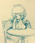  arinu bird_wings blush breast_rest breasts breasts_outside chair collarbone commentary dress earrings feathered_wings graphite_(medium) hat highres jewelry large_breasts medium_hair monochrome mystia_lorelei nipples no_bra open_clothes oppai_challenge round_table self_exposure sitting sketch solo table touhou traditional_media wings 