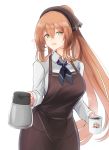  1girl alternate_costume alternate_hairstyle apron bangs blush breasts brown_apron brown_hair coffee_mug coffee_pot commentary_request cup eyebrows_visible_through_hair flying_heart girls_frontline green_eyes hair_between_eyes hair_ribbon hair_rings highres holding holding_cup holding_pot large_breasts long_hair long_sleeves looking_at_viewer m1903_springfield_(girls_frontline) mug open_mouth pants ponytail ribbon shirt sidelocks simple_background single_stripe smile solo white_background white_shirt 