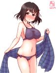 artist_logo bikini black_hair blush brown_eyes collarbone commentary_request dated embarrassed haguro_(kantai_collection) hair_ornament halter_top halterneck highres kanon_(kurogane_knights) kantai_collection looking_at_viewer plaid plaid_sarong purple_bikini purple_sarong sarong short_hair side-tie_bikini simple_background solo standing swimsuit white_background 