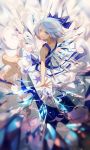  barefoot blue_bow blue_eyes blue_hair bow cirno dress from_side full_body grin hair_bow highres looking_at_viewer outstretched_arms short_hair sleeveless smile solo touhou white_dress ze_xia 