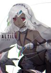  absurdres altera_(fate) bangs bare_shoulders collarbone dark_skin detached_sleeves fate/grand_order fate_(series) full_body_tattoo headdress highres hips jewelry looking_at_viewer midriff navel parted_lips red_eyes shenq short_hair simple_background solo tan tattoo thighs white_background white_hair 