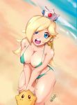  1girl beach bikini blonde_hair blue_eyes breasts crown earrings from_above jewelry krakenparty large_breasts long_hair looking_at_viewer mario_(series) open_mouth rosetta_(mario) solo swimsuit 
