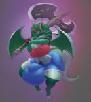  anthro axe bbd bulge dickgirl dragon haley_sturmbringer_(character) hi_res horn hyper hyper_bulge hyper_thighs intersex looking_at_viewer melee_weapon nipple_bulge pubes solo thick_thighs weapon wide_hips wings 
