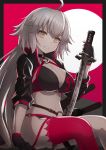  ahoge bikini black_bikini black_gloves breasts commentary_request eyebrows_visible_through_hair fate/grand_order fate_(series) gloves highres holding holding_sword holding_weapon jeanne_d'arc_(alter_swimsuit_berserker) jeanne_d'arc_(fate)_(all) katana large_breasts long_hair looking_at_viewer navel o-ring o-ring_bikini red_legwear shrug_(clothing) silver_hair single_thighhigh sitting solo swimsuit sword thighhighs weapon yellow_eyes yuki_shiro 